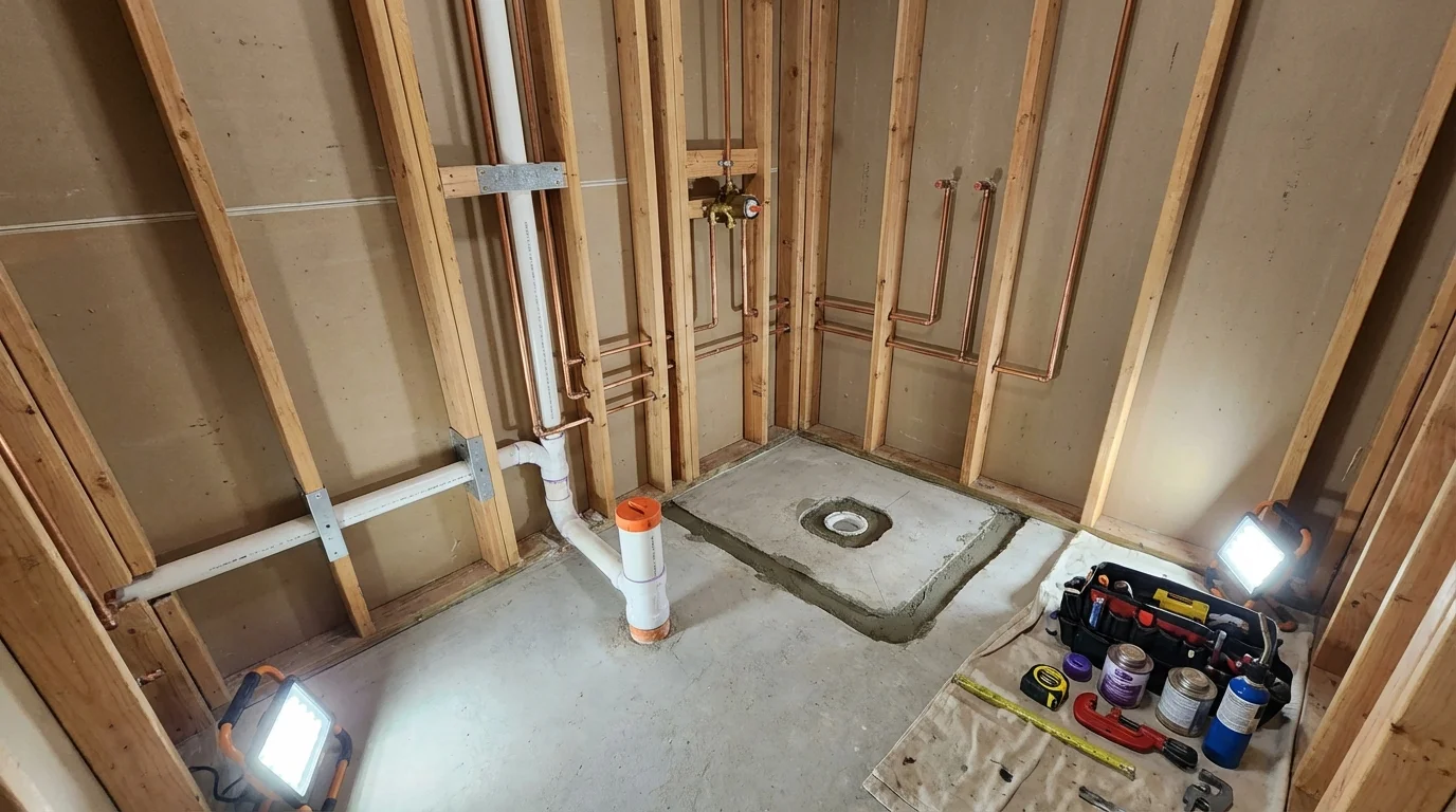 Bathroom rough-in plumbing during remodel by Johns Plumbing LLC in Farmland