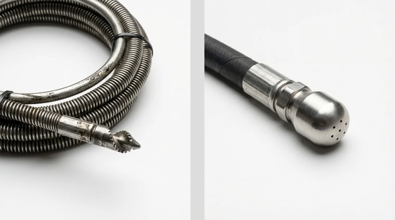 Drain snake cable and hydro jetting nozzle used for drain cleaning in Farmland, IN