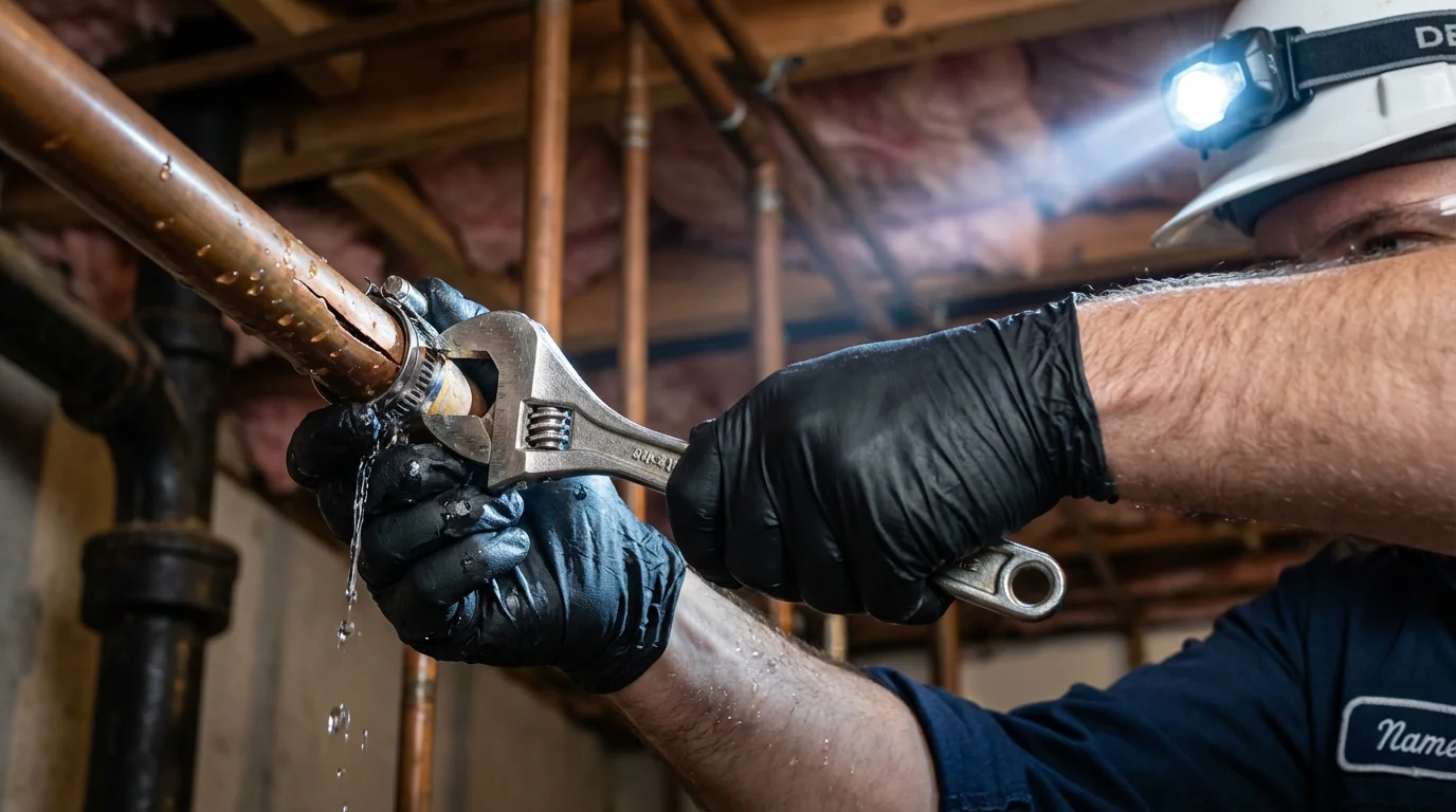 Emergency pipe clamp repair being performed by a Johns Plumbing LLC plumber in Farmland