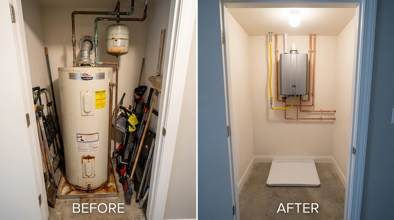 Tank water heater versus wall-mounted tankless unit comparison for Farmland, IN homeowners