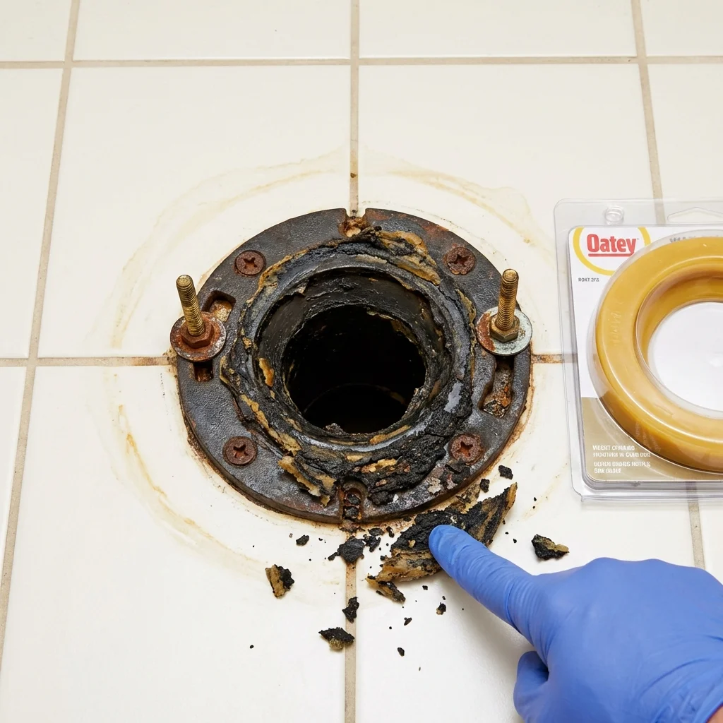 Failed wax ring showing water seepage at the base of a toilet in a Farmland, IN home