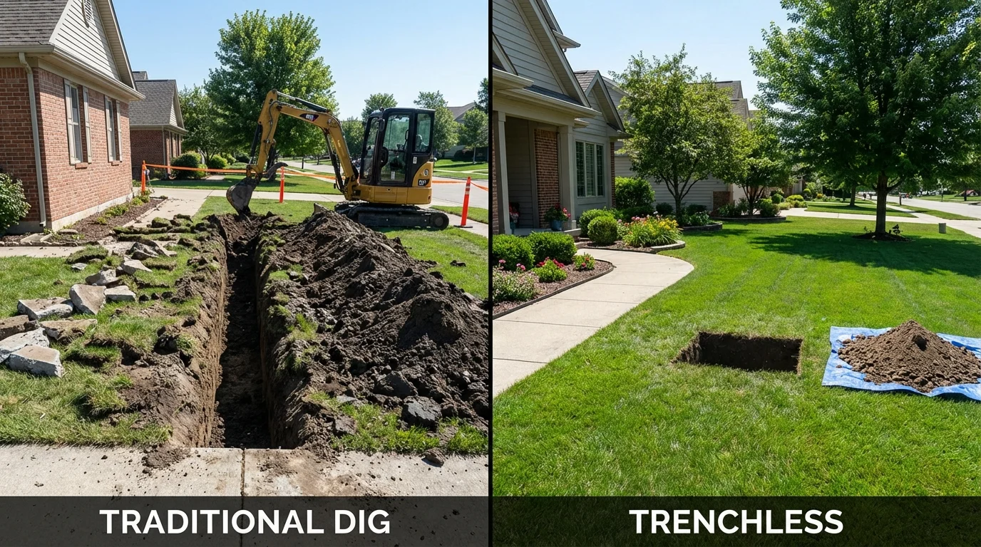 Trenchless sewer repair with minimal yard damage versus traditional excavation in Farmland, IN