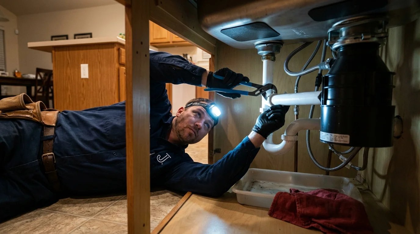 P-trap and supply line connections under a kitchen sink showing a common leak point in Farmland, IN